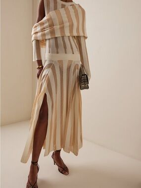 Diotima Ivory & Gold Striped Shrug Draped Maxi Dress Size US4 New With Tags